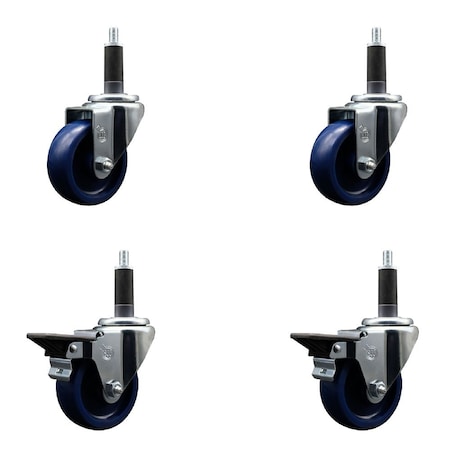 Service Caster 3.5'' Solid Poly Wheel Swivel 1'' Expanding Stem Caster Set 2 Brakes, 4PK SCC-EX20S3514-SPUS-2-PLB-2-1